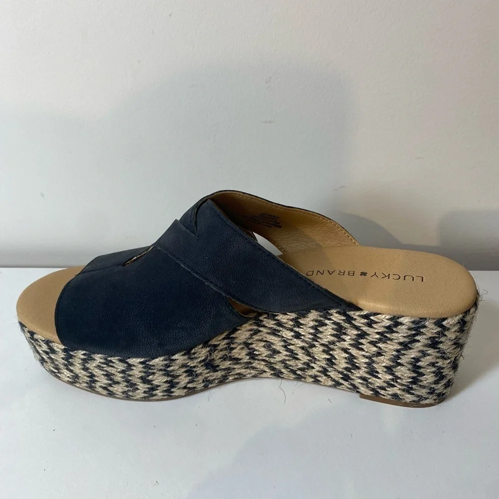Lucky Brand Black Wedge Heel Platform Leather Sandals Size 9.5 vacation